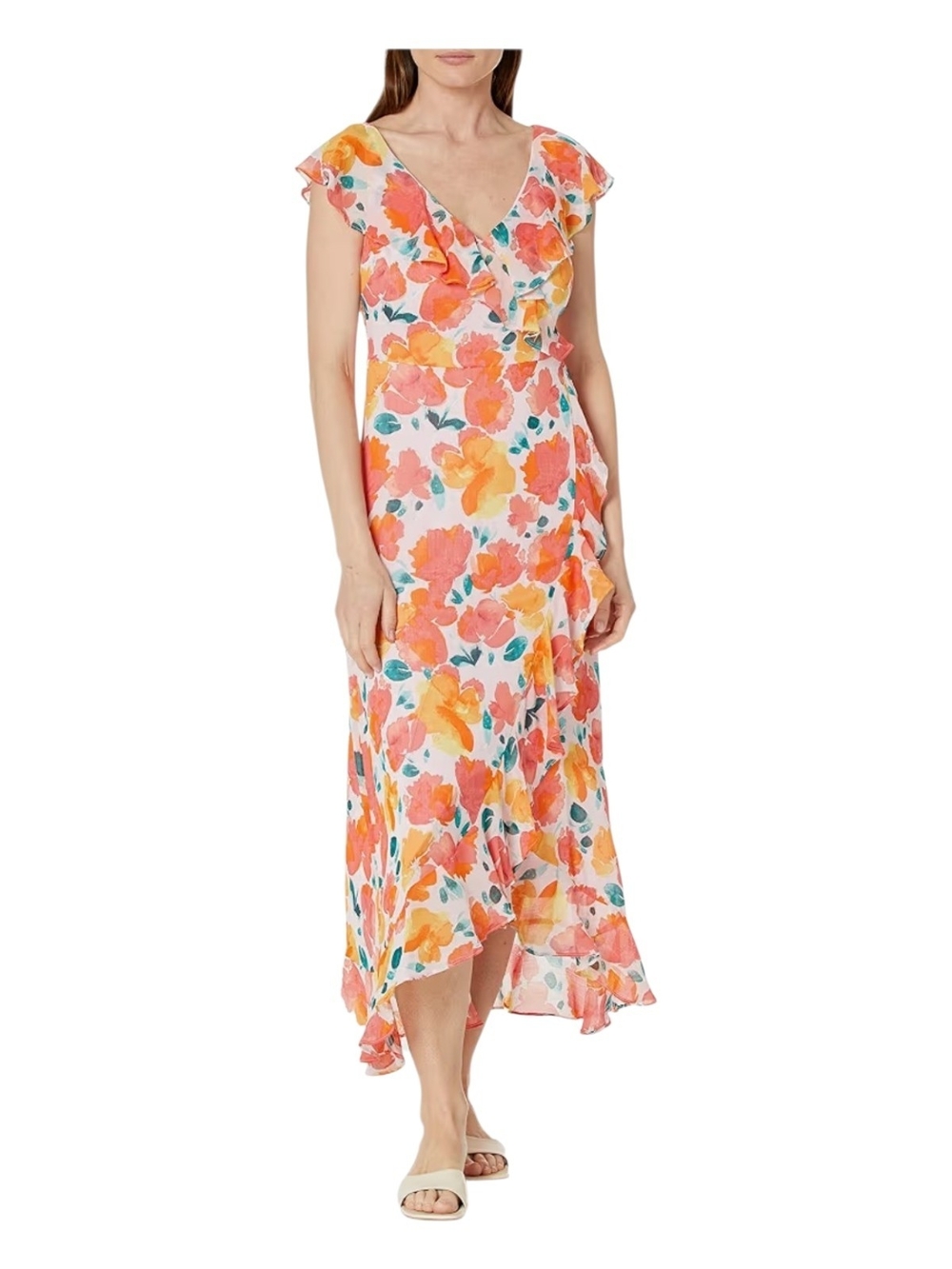 London Times Floral Ruffle Wrap High-Low Dress in Pink and Orange Size 12 Petite